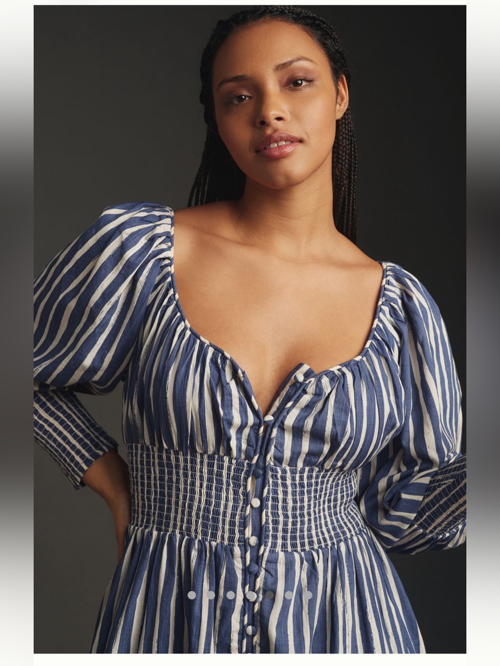 Anthropologie Navy and White Striped Puff-Sleeve Midi Dress - Picture 3 of 10